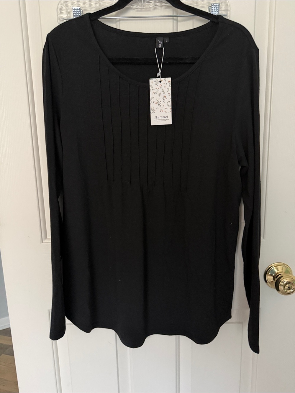 Women’s Black Pintuck-Front Long Sleeve Tee